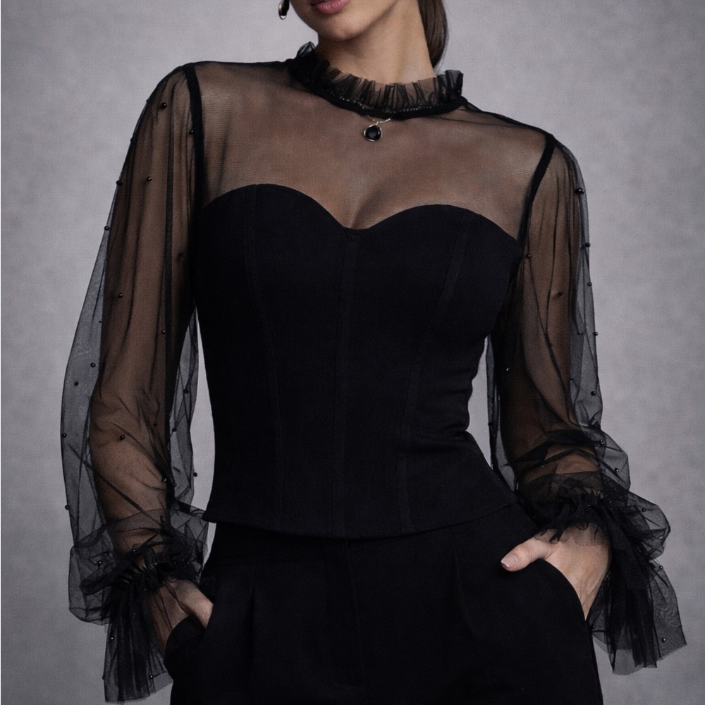 Flying Tomato Sheer Mesh Corset Top Black Romantic Gothic Blouse M